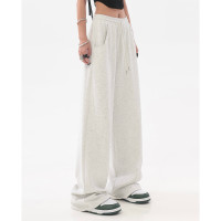 美式高街灰白色直筒闊腿休閒褲女秋季新款抽繩寬鬆運動褲子衛褲潮