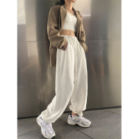 白色加絨運動褲女春秋冬抽繩束腳寬鬆闊腿褲子女休閒灰色哈倫衛褲