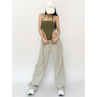 美式復古香蕉褲雙抽繩休閒厚棉褲女高腰垂感闊腿運動褲鬆緊腰拖地褲