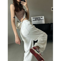 春秋冬季白色運動褲女高腰顯瘦闊腿直筒休閒抽繩美式束腳加絨衛褲