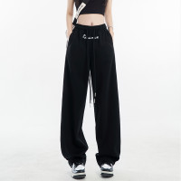 美式復古高街黑色運動褲女春秋爵士跳舞寬鬆休閒直筒闊腿香蕉衛褲