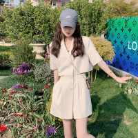 米色西裝露腰連身褲女夏季2023新款設計感氣質休閒法式鏤空短褲子