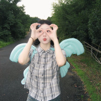 Lemon  甜酷少女復古千禧辣妹小個子修身短款純棉格紋短袖襯衫女