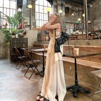 TA suki 夏季杏色 亞麻感闊腿褲高腰顯瘦休閒慵懶風設計感拖地褲