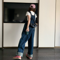 網紅直筒牛仔抱嬰袋褲女夏2023新款韓版高腰顯瘦闊腿垂感連身拖地褲