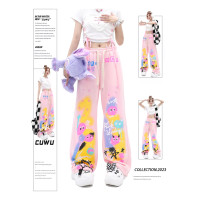cuwu夏日多巴胺穿搭褲子女夏季粉色塗鴉高腰寬褲直筒褲休閒長褲