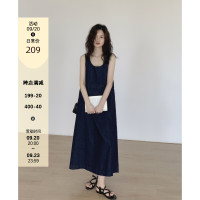 八月 丹寧藍吊帶長裙女夏休閒寬鬆無袖小眾設計感高腰通勤洋裝