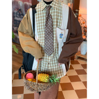 C2自制/復古撞色拼接小熊刺繡長袖襯衫慵懶休閒oversize古著襯衫