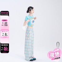 11SHOP97 闊腿休閒褲夏日多巴胺女孩穿搭立體蝴蝶結格子直筒褲子