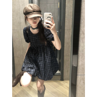 小個子復古格紋泡泡袖洋裝女夏季胖妹妹梨形身材寬鬆顯瘦娃娃裙