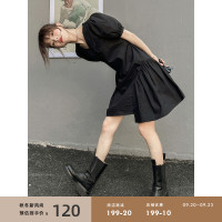 全智甜色V領小個子少女短裙夏女氣質顯瘦泡泡袖不規則洋裝