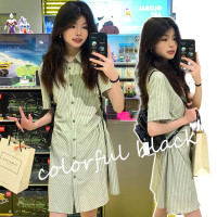 多巴胺甜美學院風正肩短袖POLO條紋襯衫裙女夏季設計感收腰洋裝