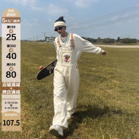 MAIKAO 美式復古杏色薯條刺繡抱嬰袋褲男女寬鬆顯瘦闊腿連身牛仔褲