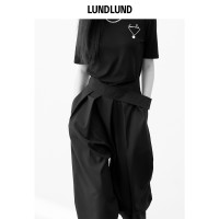 LUNDLUND 黑色休閒西褲山本耀司風暗黑高腰魔術貼設計闊腿西裝褲