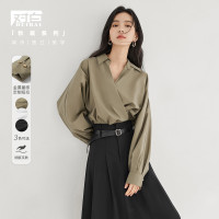 對白法式V領設計感襯衫女2023秋裝新款襯衣氣質簡約別致通勤上衣