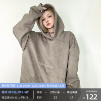 Fcurve原創國潮牌小眾高街麂皮絨刺繡寬鬆連帽衫衛衣加絨美式男女