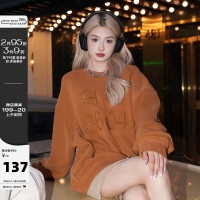 AE6604圓領厚棉T女春秋加絨原創美式復古寬鬆棕色高級感情侶上衣潮