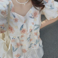 溫柔顯白泡泡袖印花上衣女夏季韓系甜美感俏皮超仙氣質小衫雪紡衫