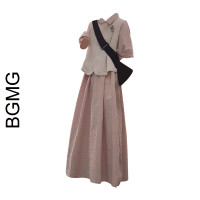 日系田園風繫帶蝴蝶結襯衫領寬鬆洋裝+立體花朵短馬甲兩件式套裝