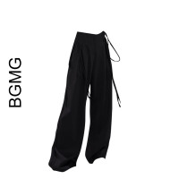 清倉撿漏大牌女裝黑色綁帶西裝褲女高腰垂感拖地休閒直筒闊腿褲女