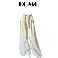 慵懶風抽繩休閒褲女夏季高腰垂感寬鬆顯瘦闊腿褲子直筒拖地褲長褲