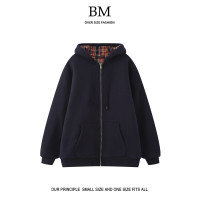 BM Fashion美式復古內裡格紋連帽開衫衛衣女bm鋪棉外套加厚上衣潮