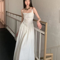 新中式國風刺繡棉質長版露背顯瘦吊帶度假洋裝