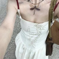 夏季2023年新款新中式刺繡棉質長版露背收腰顯瘦吊帶度假洋裝女