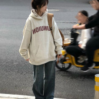 灰色高級感銀狐絨衛衣女春秋冬加絨加厚小眾設計連帽美式復古外套