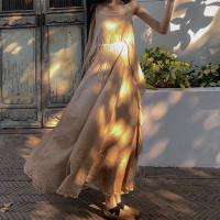 【令壹】自制漸層多色木耳花邊植物染文藝飄逸吊帶長裙 三色