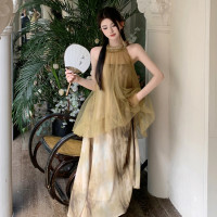 2023新款高級感無袖掛頸洋裝仙女夏新中式改良旗袍假兩件長裙子