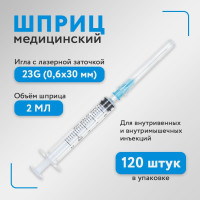 Шприц медицинский одноразовый, стерильный 2 мл, с иглой Луер 23G (0,6*32 мм), в упаковке 120 штук