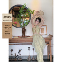 [WALKINDARK]竹葉青·清冷新中式網紗竹子暈染鏤空掛頸洋裝夏女