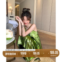 DULA好好家 綠色V領吊帶洋裝女夏季2023年新款高腰寬鬆辣妹長裙