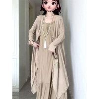新中式法式洋裝佛系古風裙子清冷禪意風套裝女吊帶長裙嬋意穿搭