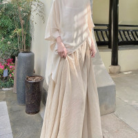 素衫新中式短袖上衣夏季清冷佛系禪意風杏色不規則棉麻半身裙套裝
