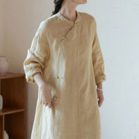 秋季優雅復古風改良版斜襟盤扣洋裝中長一片式簡約卡其日常氣質