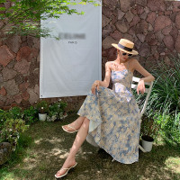 JWUNIQUE藍色無袖吊帶洋裝女夏季2023年新款海邊度假風長版裙子