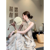 JWUNIQUE杏色高級感無袖洋裝女夏季2023新款寬鬆新中式國風裙子