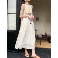 JWUNIQUE米白色無袖掛頸新中式吊帶洋裝女夏季設計感氣質長裙子