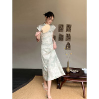 酒窩定製綠色短袖洋裝女2023年夏季氣質新中式國風旗袍裙長裙子