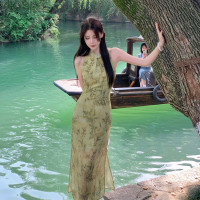 pinkpo 只此青綠 新中式蕾絲後背修身無袖洋裝女夏