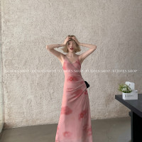 Echoes 人間水蜜桃 雙層網紗吊帶洋裝氣質甜美乾枯玫瑰長裙女夏