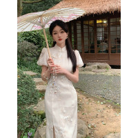 糯米家高貴改良旗袍年輕少女款2023白色重工新中式國風開叉洋裝