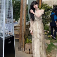 於雯同款網紗拼接溫柔風洋裝別致高級感仙女裙子森系氣質顯瘦收