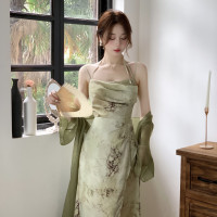 Mimo dk【竹霧森林】新中式國風復古吊帶洋裝女秋碎花收腰顯瘦