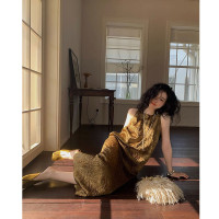 2023年新款醋酸壓褶背心裙女寬鬆顯瘦通勤冷談風高級感氣質上衣夏