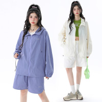 姝姬潮流寬鬆休閒防曬服套裝女國潮原創夏季拉鍊純色連帽防曬衣潮