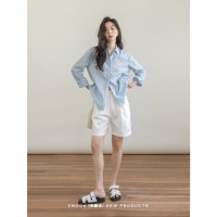 VNOOK 襯衫女夏款2023新款洗水亞麻小繡花正肩寬長袖寬鬆休閒上衣