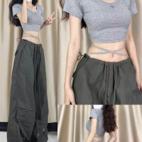 夏日多巴胺2023美式復古辣妹寬鬆工裝褲女抽褶束腳輕薄款休閒長褲